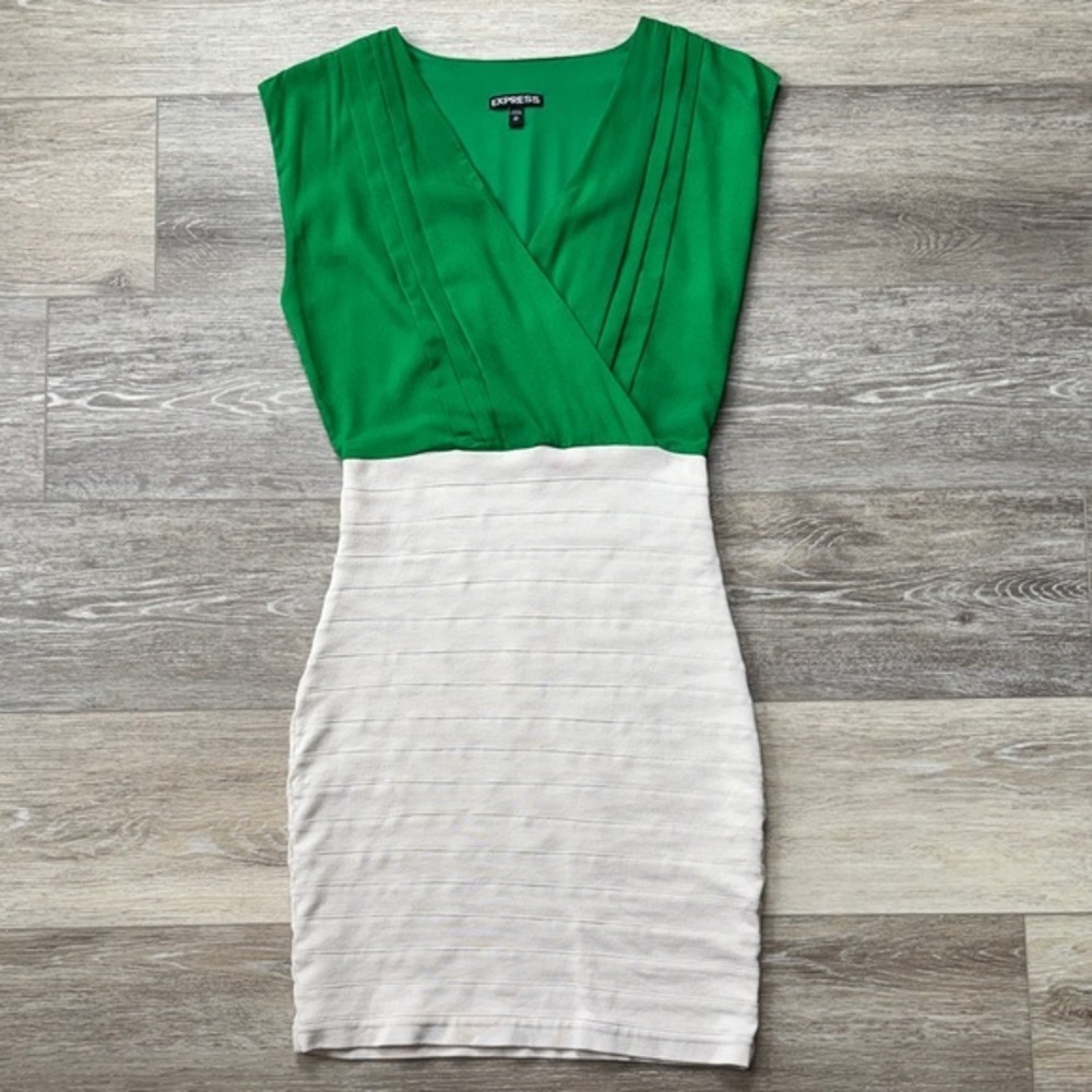 Express Green and Light Gray Faux-Wrap Mini Dress
